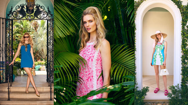 Three images of models wearing colorful dresses